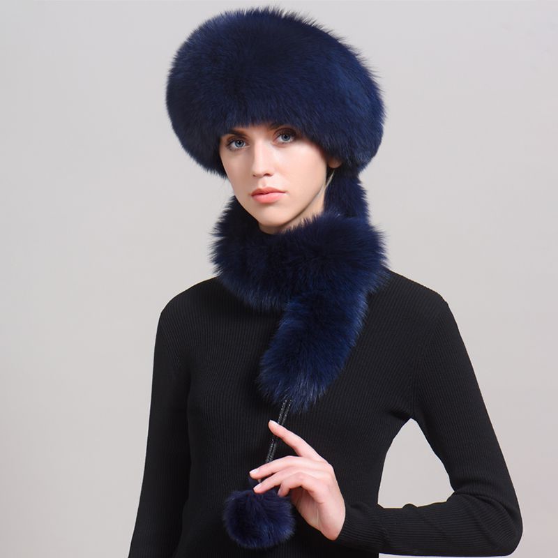 Luxury Winter Fox Fur Trapper Hat Women Pom Pom Fur Ushanka with Tail Scarf