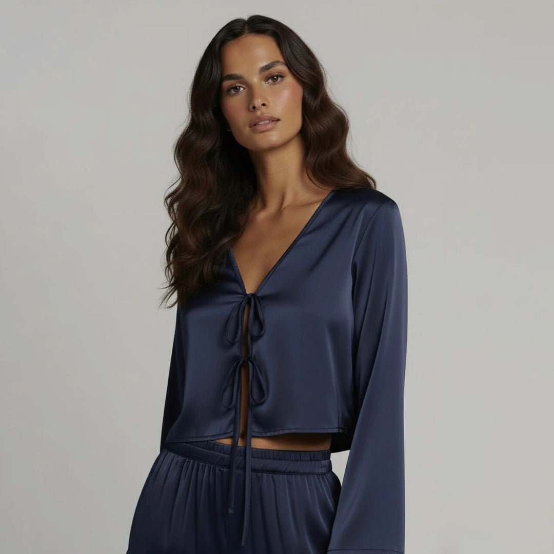 22 Momme Sexy Tie-Front  V-Neck Long Sleeve Silk Pajama Set for Women