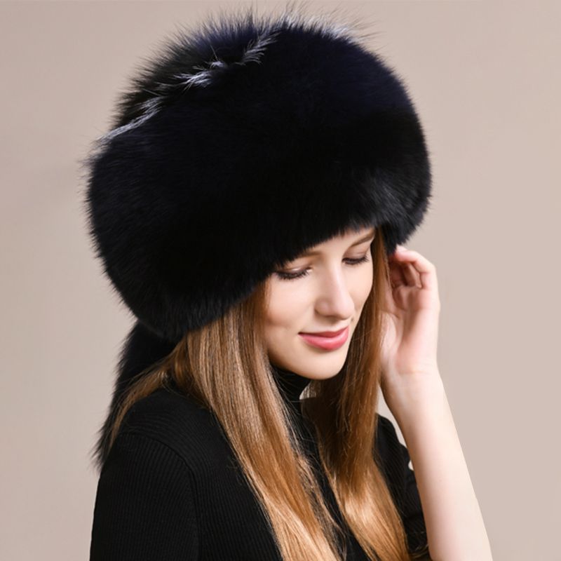 Genuine Fox Fur Hat for Women Luxury Long Tail Full-Pelt Winter Outdoor Hat