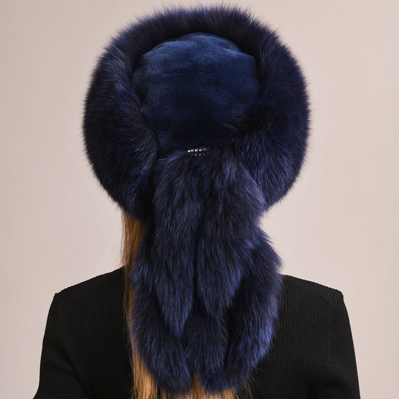 Soft Real Fox Fur Hat with Elegant Tails Women's Winter Fashion Cozy Full-Pelt Fur Beanie for Cold Weather