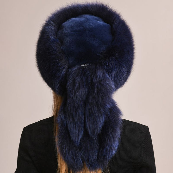Soft Real Fox Fur Hat with Elegant Tails Women's Winter Fashion Cozy Full-Pelt Fur Beanie for Cold Weather