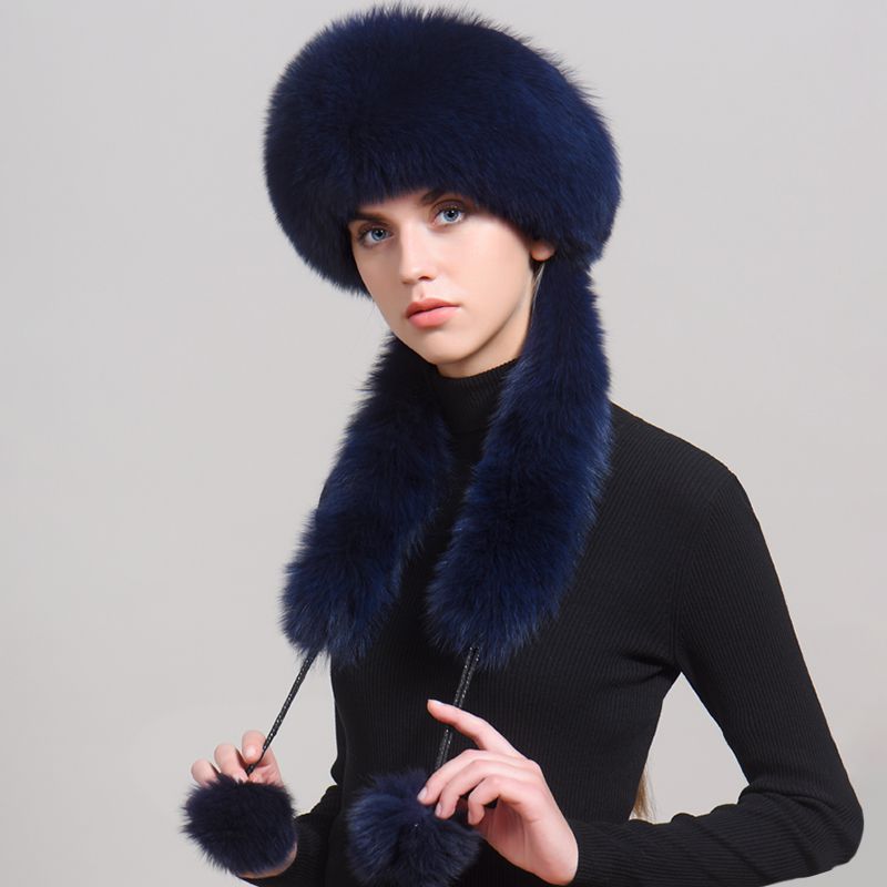 Luxury Winter Fox Fur Trapper Hat Women Pom Pom Fur Ushanka with Tail Scarf