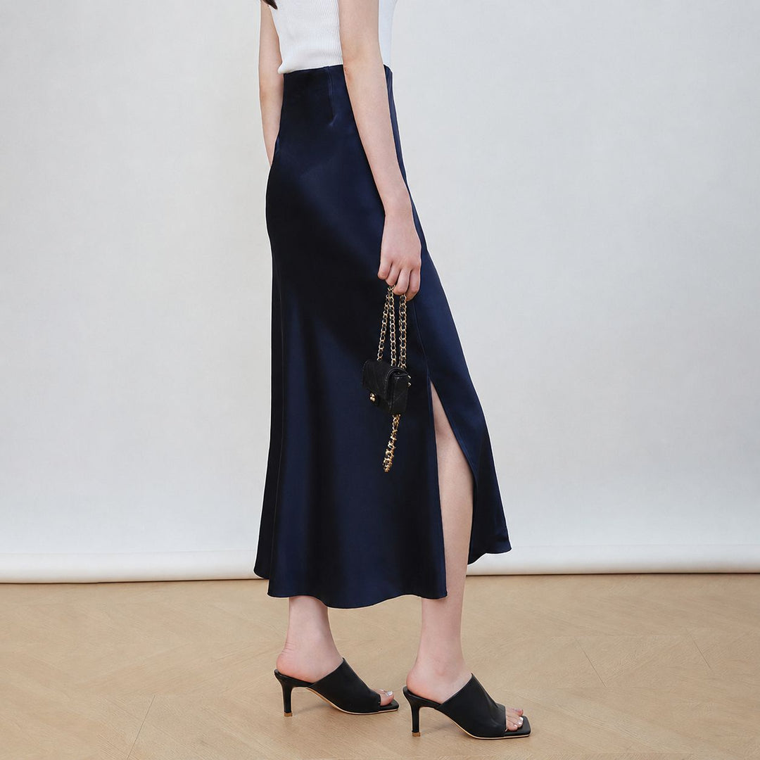 22 Momme Mulberry Charmeuse Silk Midi Skirt with Side Slit