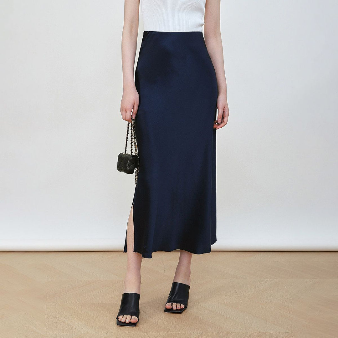 22 Momme Mulberry Charmeuse Silk Midi Skirt with Side Slit
