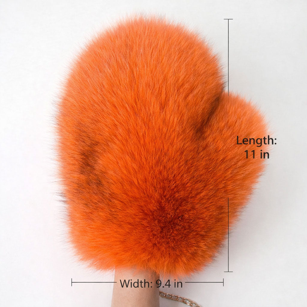 Luxury Real Fox Fur Mittens with Chain Strap Warm Winter Leather Fur Gloves for Women