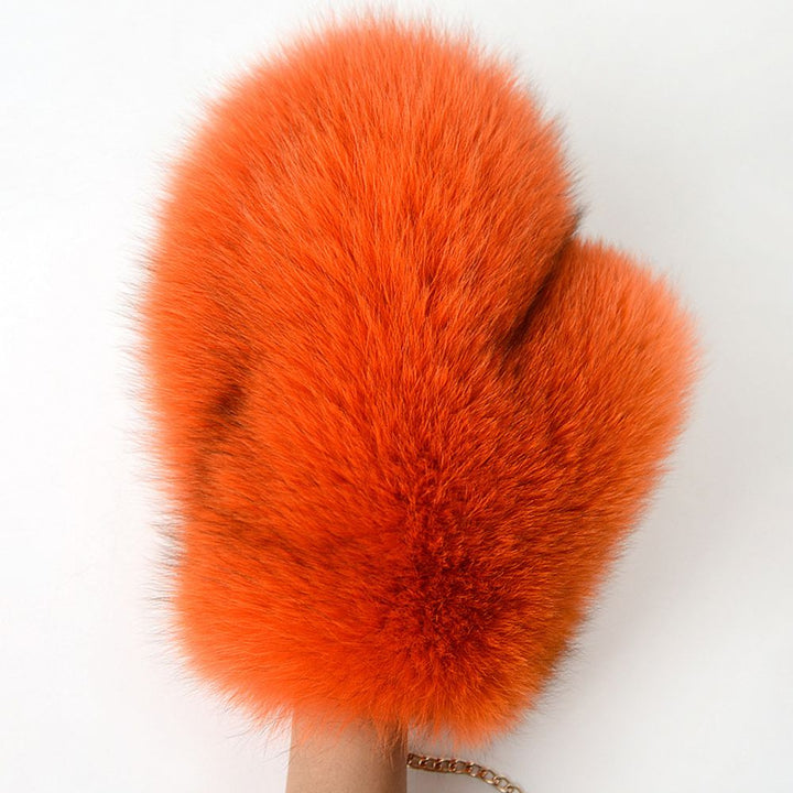 Luxury Real Fox Fur Mittens with Chain Strap Warm Winter Leather Fur Gloves for Women