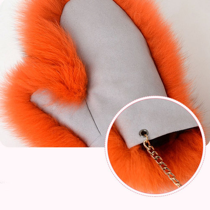 Luxury Real Fox Fur Mittens with Chain Strap Warm Winter Leather Fur Gloves for Women
