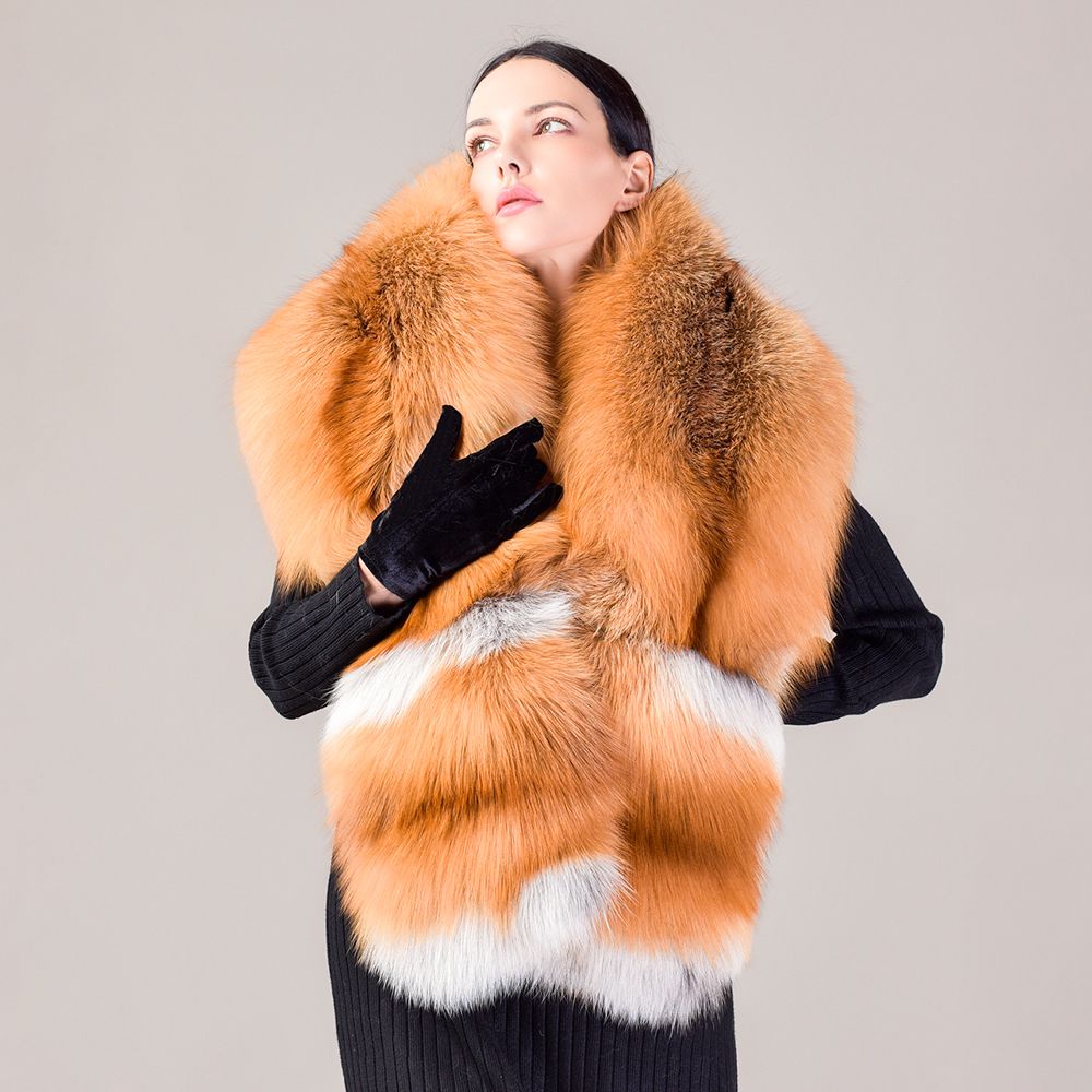 Women's Oversized Real Fox Fur Shawl Wrap Large Fur Collar Scarf with Pocket for Parties and Wedding