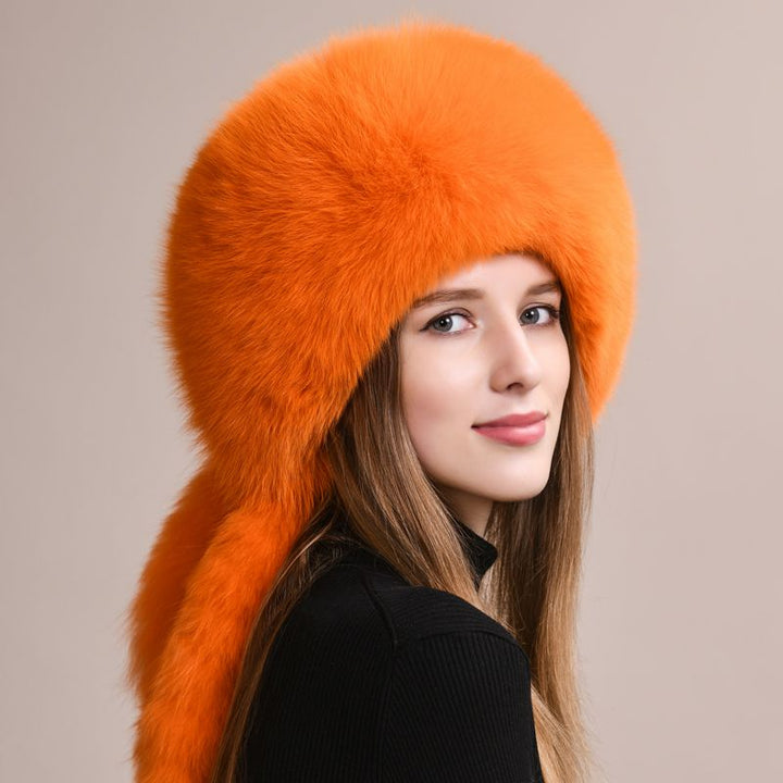 Soft Real Fox Fur Hat with Elegant Tails Women's Winter Fashion Cozy Full-Pelt Fur Beanie for Cold Weather