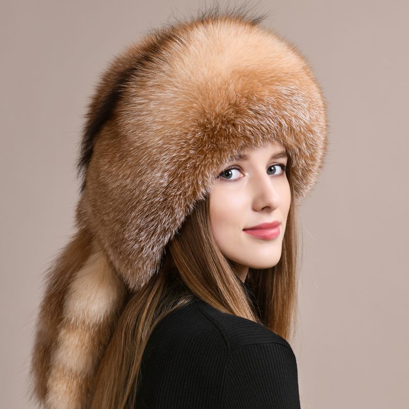 Genuine Fox Fur Hat for Women Luxury Long Tail Full-Pelt Winter Outdoor Hat