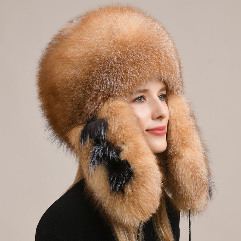 Luxury Oversized Two-Tone Real Fox Fur Pom Pom Hat Women Winter Warm Ushanka