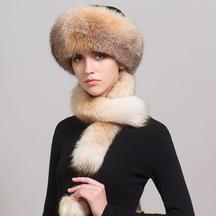 Luxury Winter Fox Fur Trapper Hat Women Pom Pom Fur Ushanka with Tail Scarf