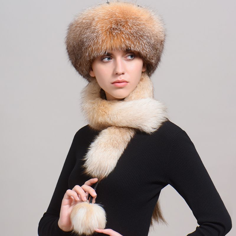 Luxury Winter Fox Fur Trapper Hat Women Pom Pom Fur Ushanka with Tail Scarf