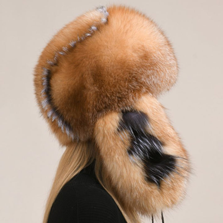 Luxury Oversized Two-Tone Real Fox Fur Pom Pom Hat Women Winter Warm Ushanka