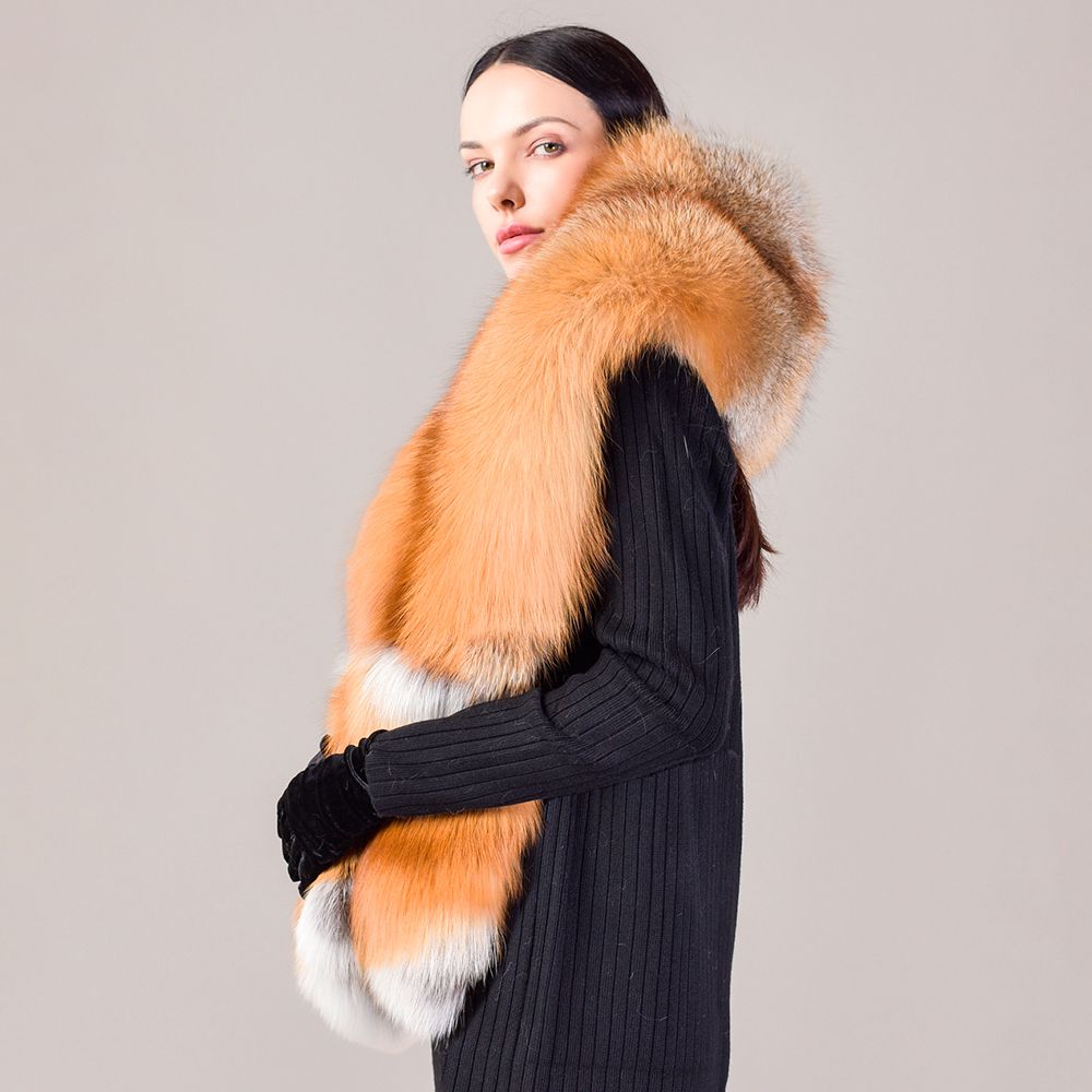 Women's Oversized Real Fox Fur Shawl Wrap Large Fur Collar Scarf with Pocket for Parties and Wedding