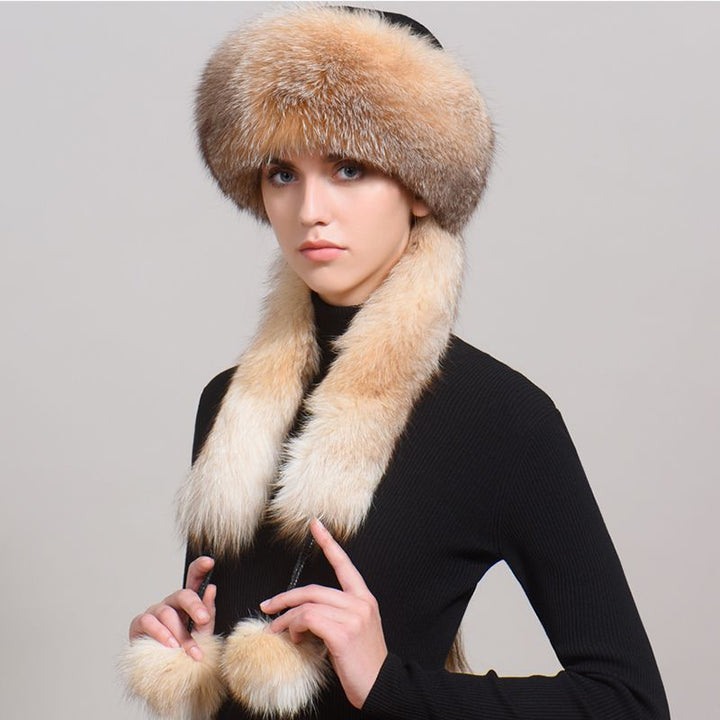 Luxury Winter Fox Fur Trapper Hat Women Pom Pom Fur Ushanka with Tail Scarf