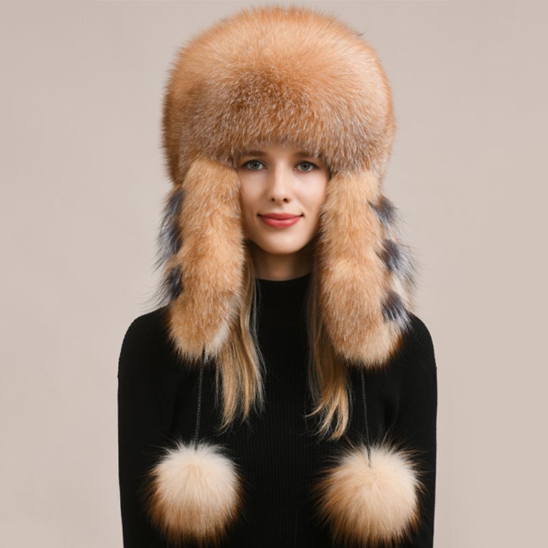 Luxury Oversized Two-Tone Real Fox Fur Pom Pom Hat Women Winter Warm Ushanka