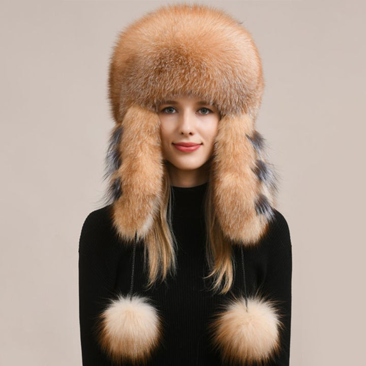 Luxury Oversized Two-Tone Real Fox Fur Pom Pom Hat Women Winter Warm Ushanka