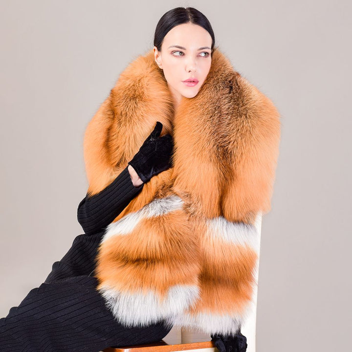 Women's Oversized Real Fox Fur Shawl Wrap Large Fur Collar Scarf with Pocket for Parties and Wedding