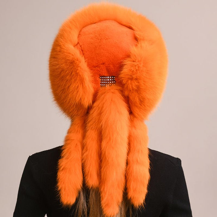 Soft Real Fox Fur Hat with Elegant Tails Women's Winter Fashion Cozy Full-Pelt Fur Beanie for Cold Weather