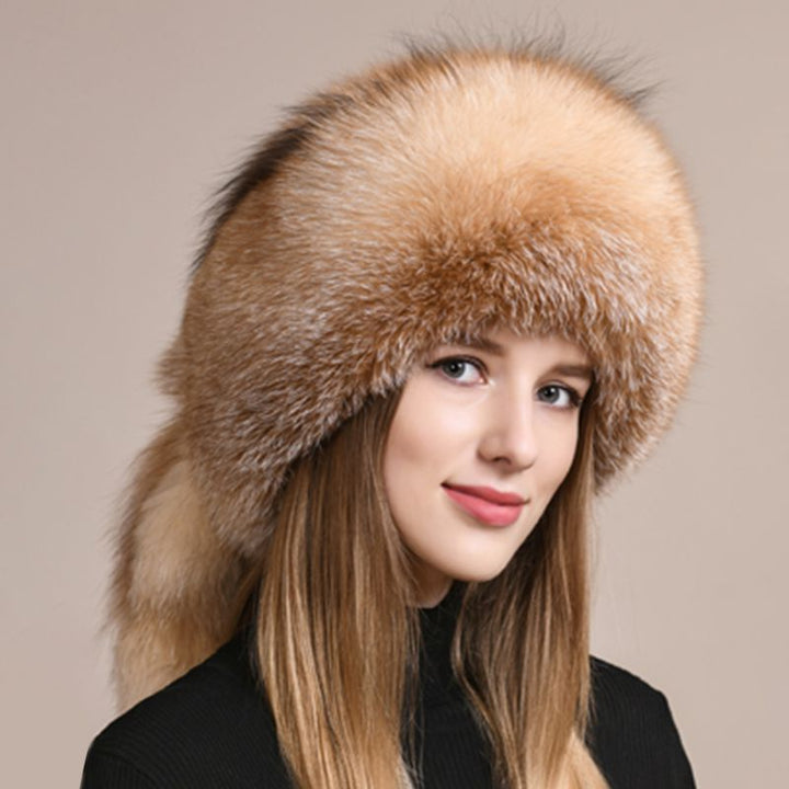 Genuine Fox Fur Hat for Women Luxury Long Tail Full-Pelt Winter Outdoor Hat