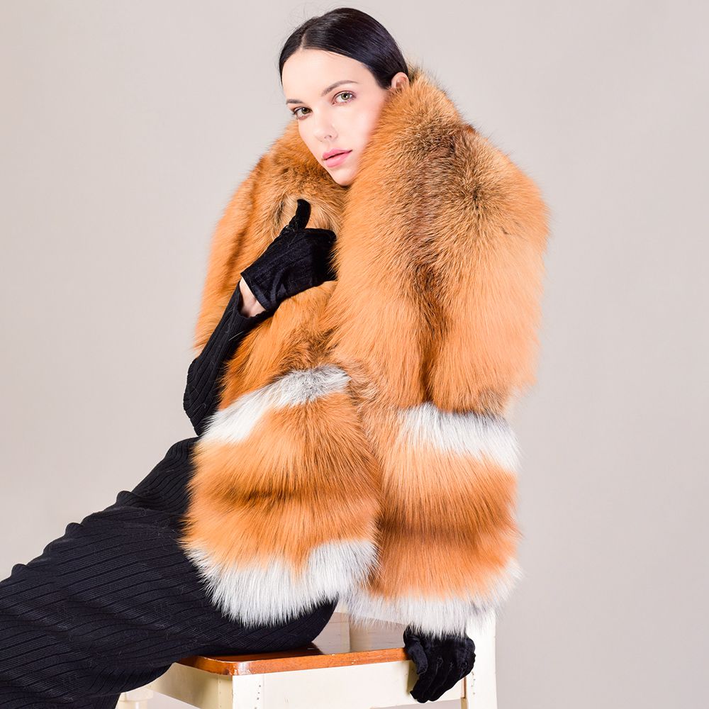 Women's Oversized Real Fox Fur Shawl Wrap Large Fur Collar Scarf with Pocket for Parties and Wedding