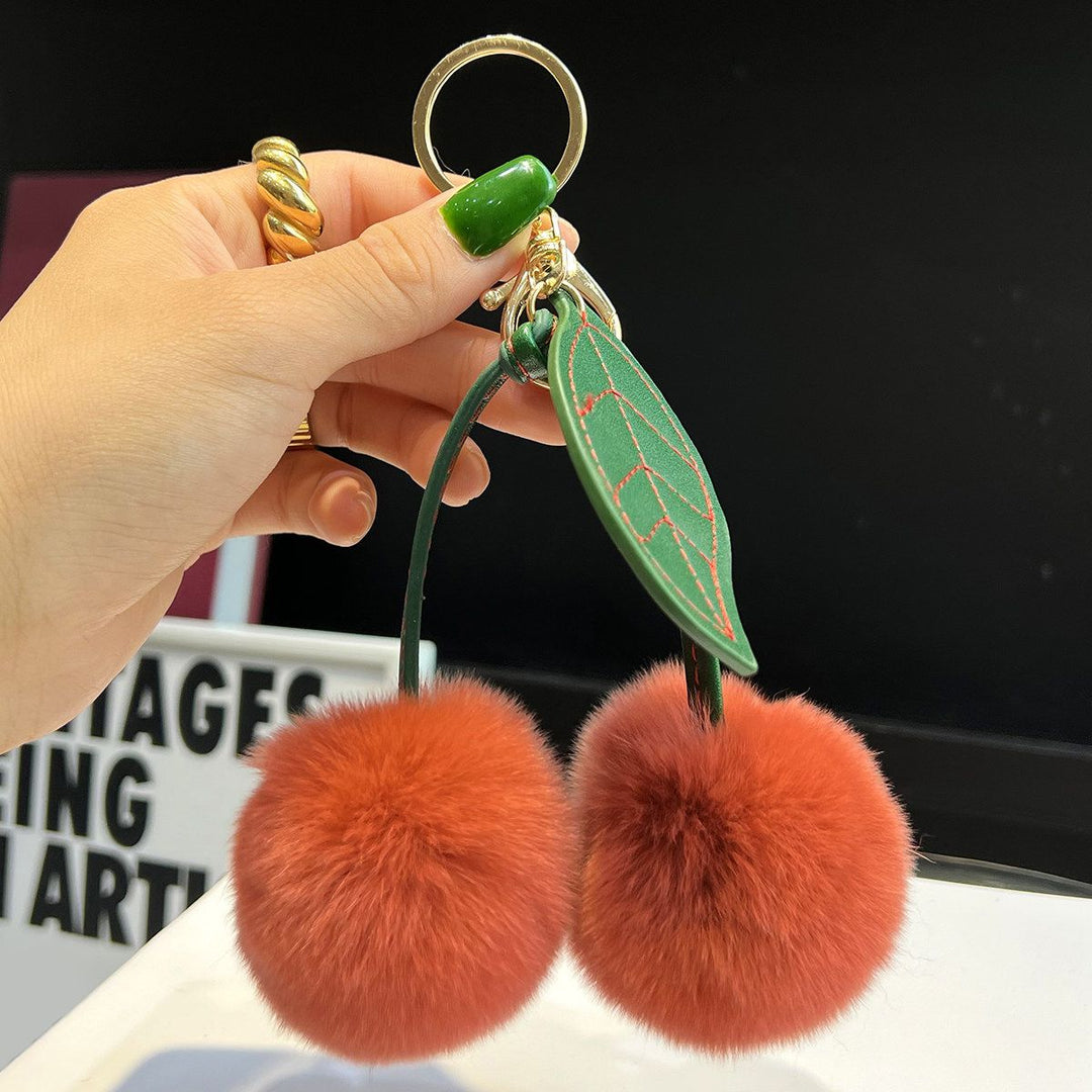 Rabbit Fur Cherry Keychain Cute Pom Pom Plush Bag Car Charm