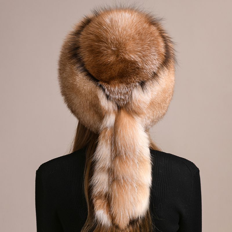 Genuine Fox Fur Hat for Women Luxury Long Tail Full-Pelt Winter Outdoor Hat