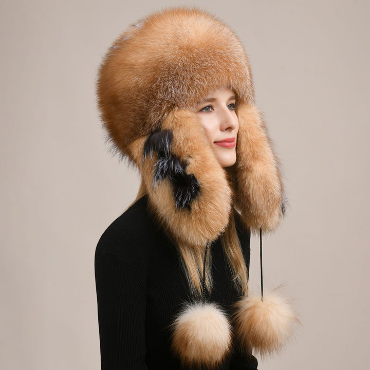Luxury Oversized Two-Tone Real Fox Fur Pom Pom Hat Women Winter Warm Ushanka