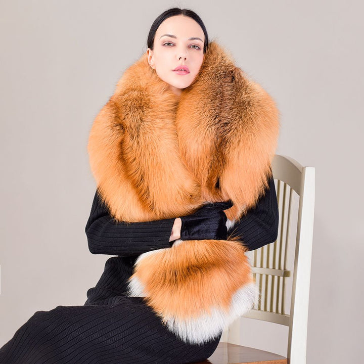 Women's Oversized Real Fox Fur Shawl Wrap Large Fur Collar Scarf with Pocket for Parties and Wedding