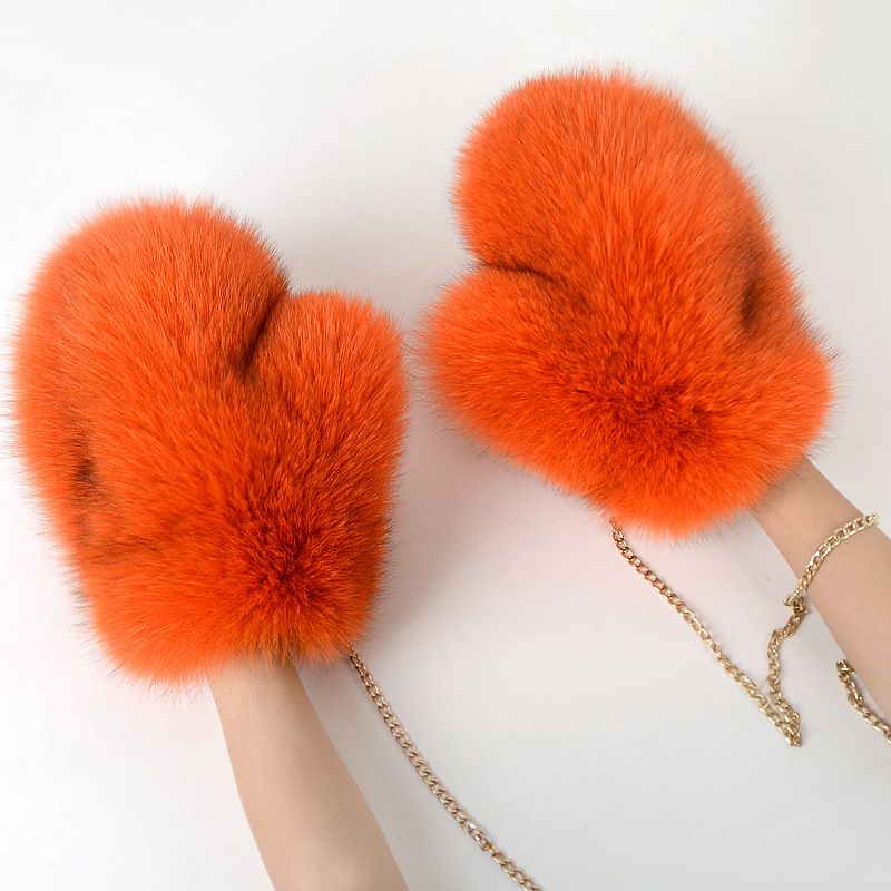 Luxury Real Fox Fur Mittens with Chain Strap Warm Winter Leather Fur Gloves for Women