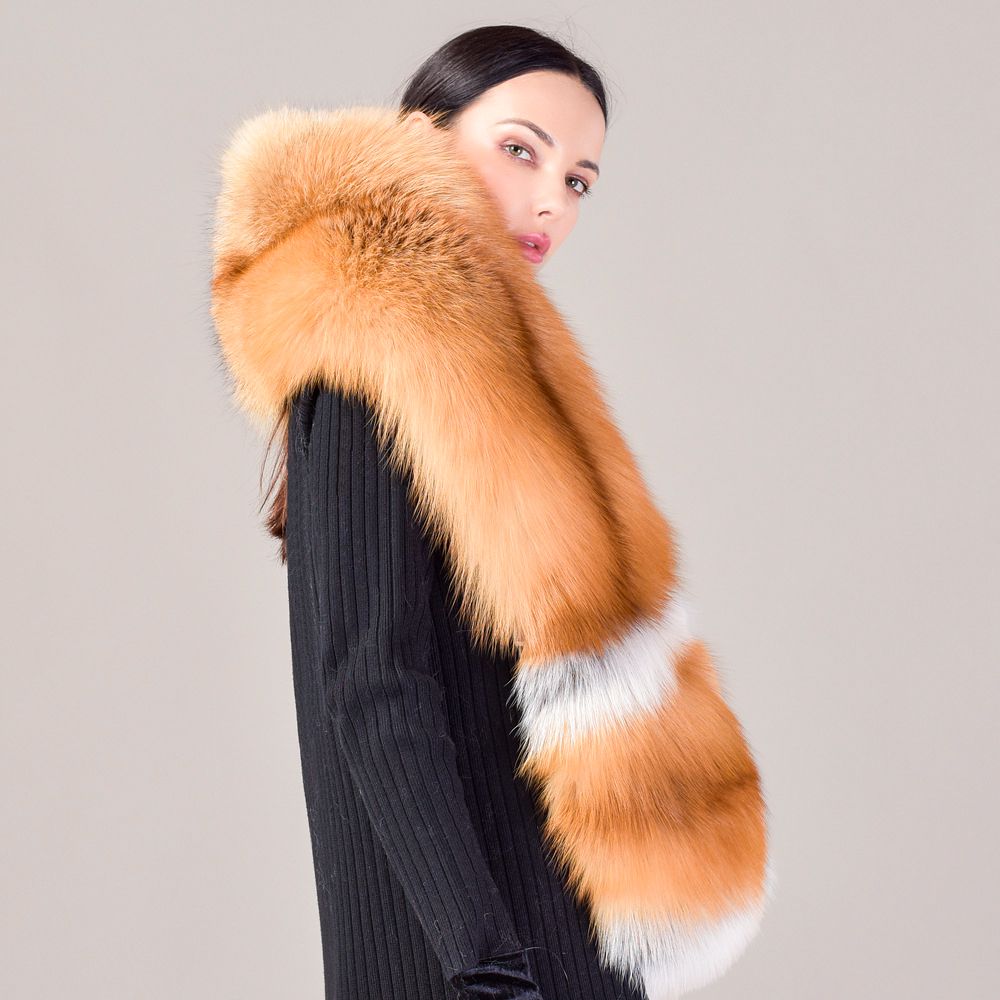 Women's Oversized Real Fox Fur Shawl Wrap Large Fur Collar Scarf with Pocket for Parties and Wedding