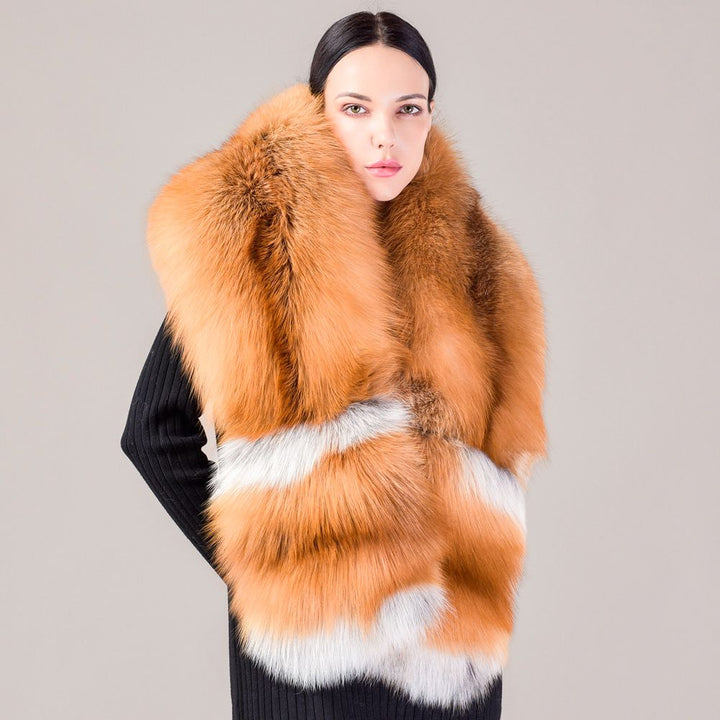 Women's Oversized Real Fox Fur Shawl Wrap Large Fur Collar Scarf with Pocket for Parties and Wedding