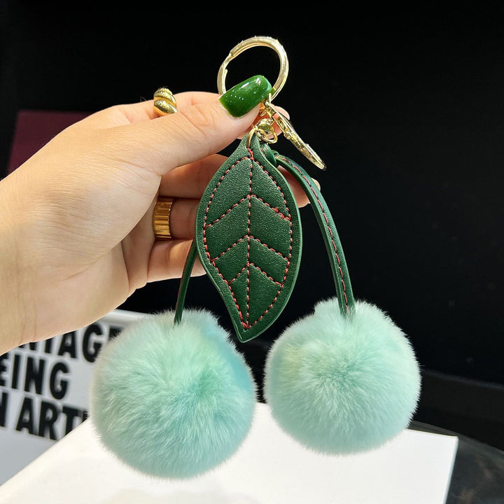 Rabbit Fur Cherry Keychain Cute Pom Pom Plush Bag Car Charm