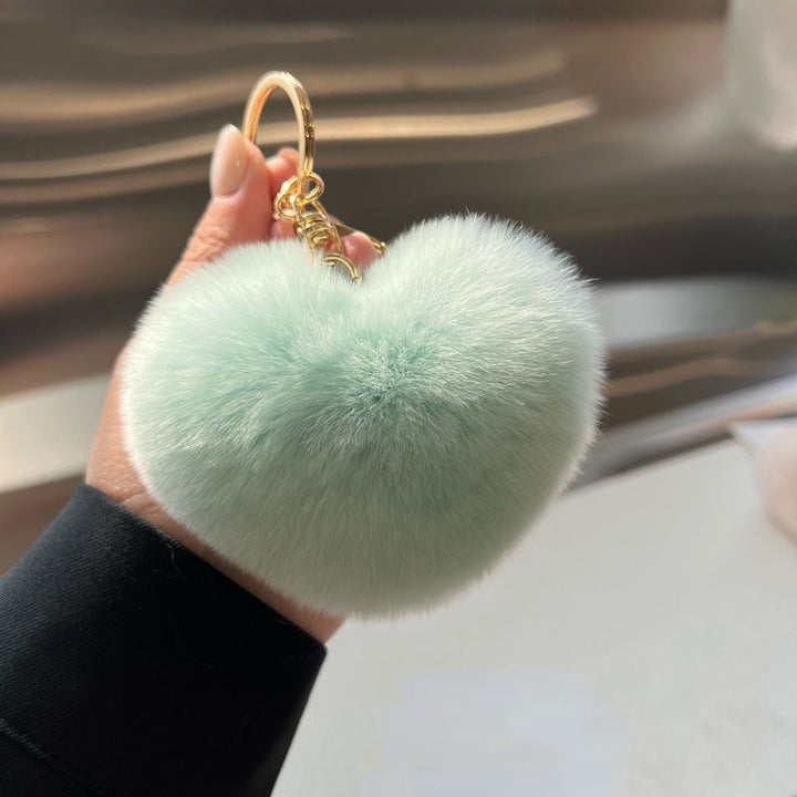 Real Rabbit Fur Heart Keychain Fluffy Plush Fur Pom Pom Bag Charm