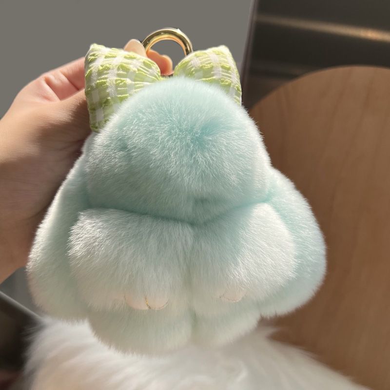 Real Rex Rabbit Fur Bunny Keychain Ultra-Soft Lop Eared Rabbit Key Ring with Bow