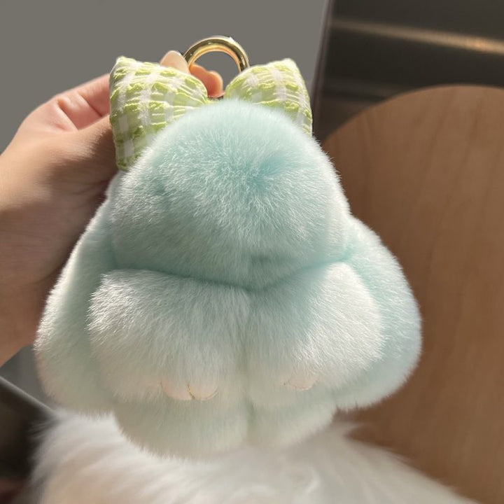 Real Rex Rabbit Fur Bunny Keychain Ultra-Soft Lop Eared Rabbit Key Ring with Bow