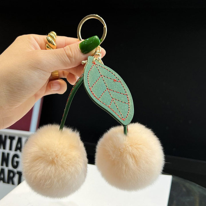 Rabbit Fur Cherry Keychain Cute Pom Pom Plush Bag Car Charm