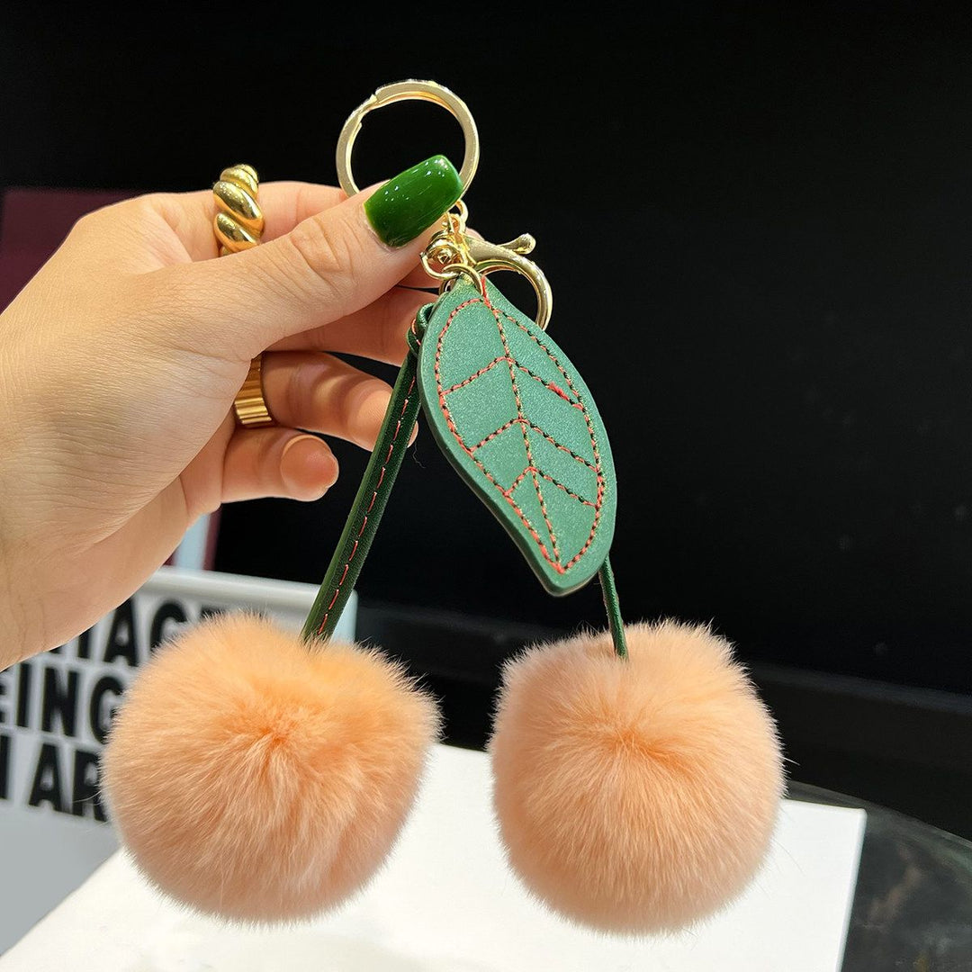 Rabbit Fur Cherry Keychain Cute Pom Pom Plush Bag Car Charm