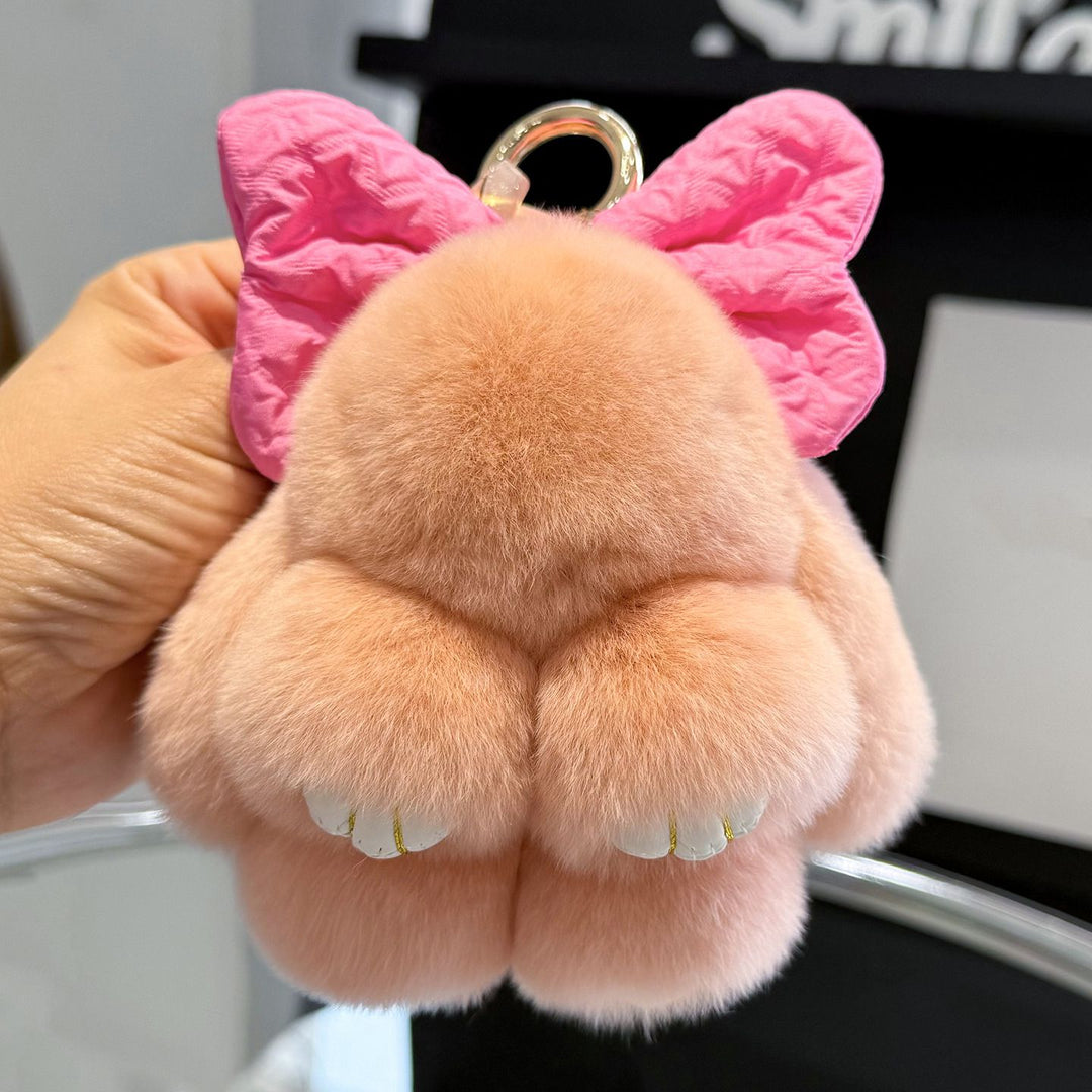 Real Rabbit Fur Cute Bunny and Bow Keychain Luxury Fur Bag Charm