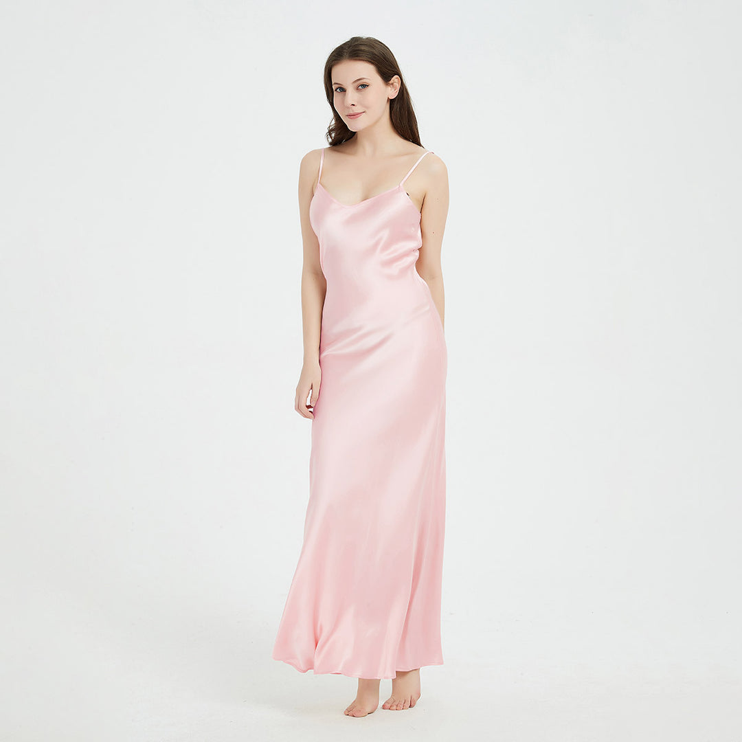 Double-Sided Silky V-Neck Floor-length Mulberry Silk Slip Nightgown LSP015