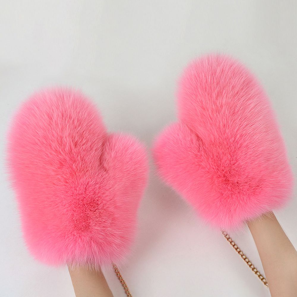 Luxury Real Fox Fur Mittens with Chain Strap Warm Winter Leather Fur Gloves for Women