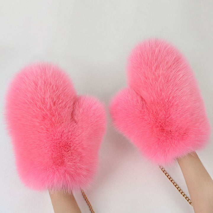 Luxury Real Fox Fur Mittens with Chain Strap Warm Winter Leather Fur Gloves for Women