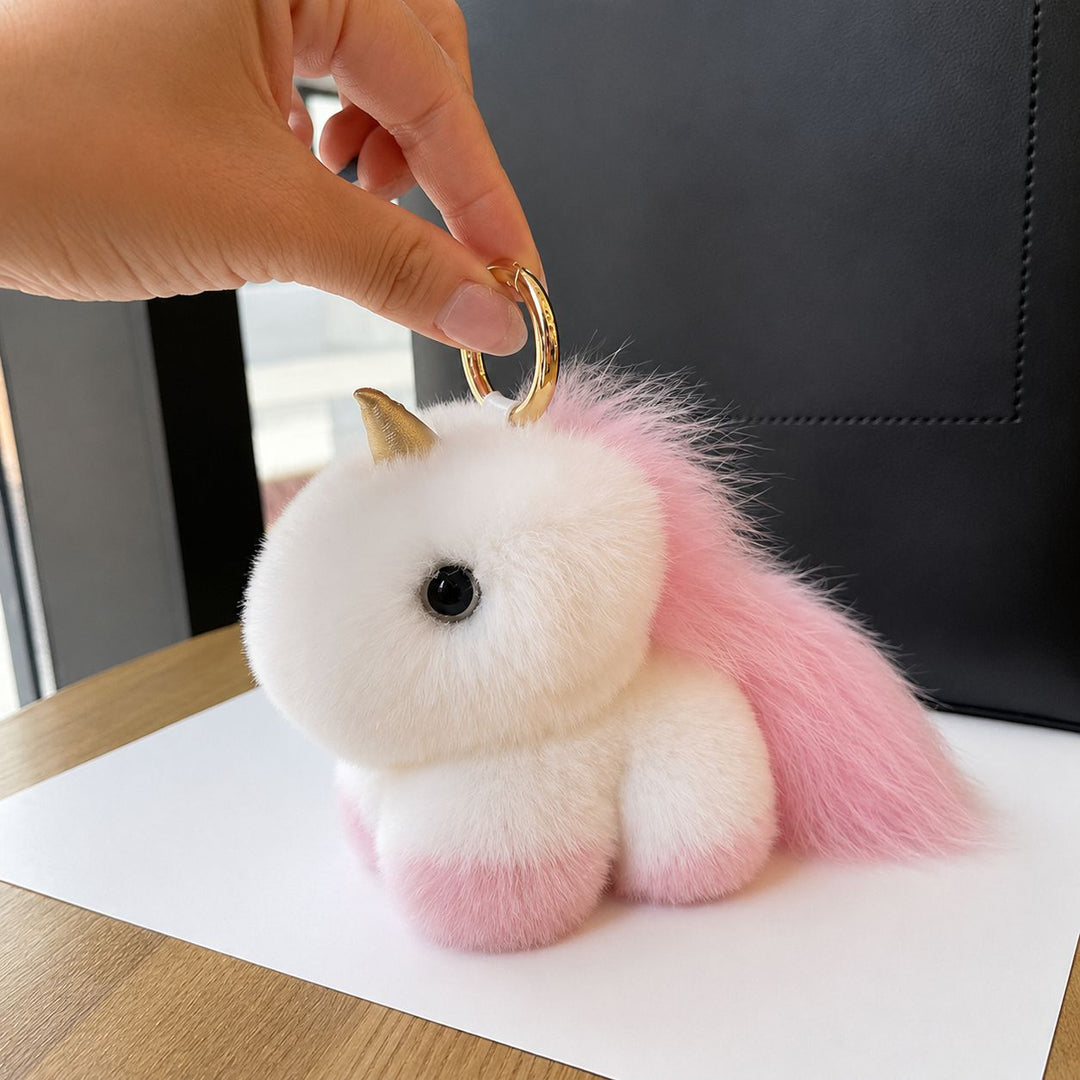 Real Rabbit Fur Unicorn Keychain Luxury Plush Bag Charm Car Key Ring Accessory