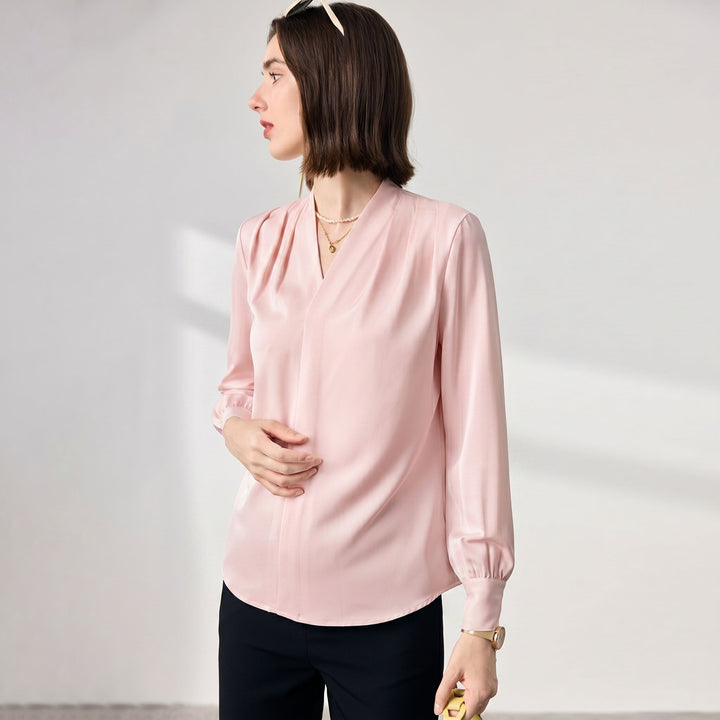 22 Momme Women's V-Neck Draped Front Long Sleeve Silk Blouse