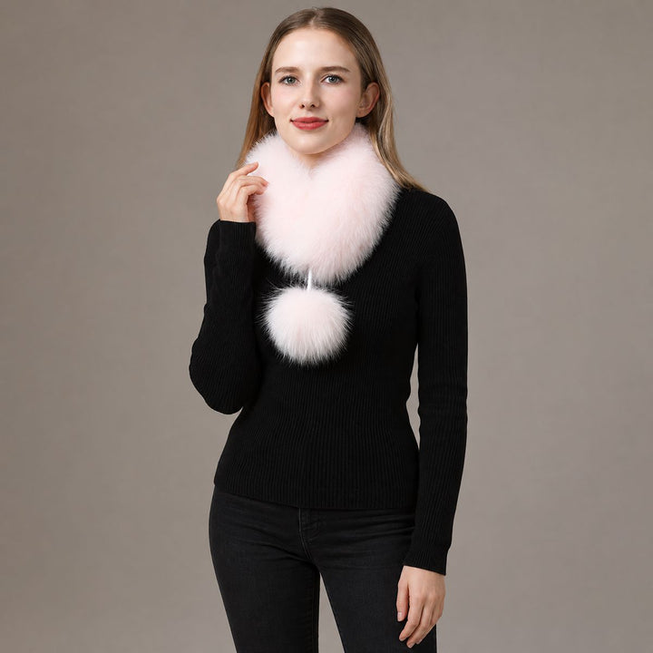 Women’s Real Fox Fur Scarf with Pom-Pom Genuine Fur Collar Neck Warmer