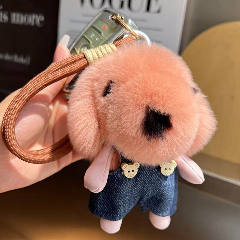 Cute Plush Puppy Fur Bag Charm Soft Real Rabbit Fur Furry Dog Keychain