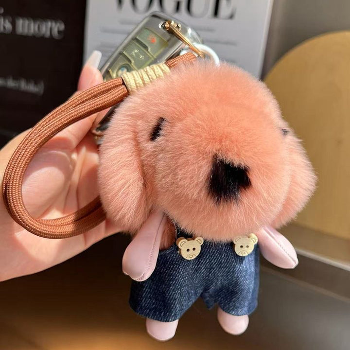 Cute Plush Puppy Fur Bag Charm Soft Real Rabbit Fur Furry Dog Keychain
