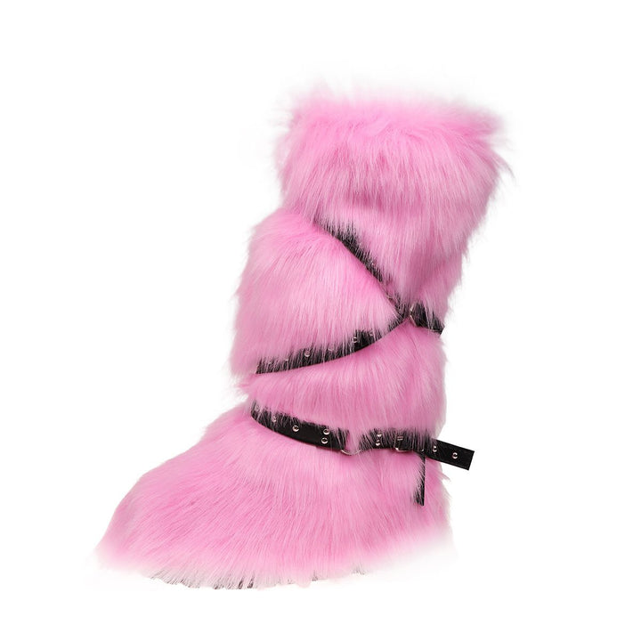Womens Faux Fur Boot Winter Fluffy Long Furry Boots for Girls Outdoor Fuzzy Knee-High Sexy Snow Boots with Cross Straps and Buckle