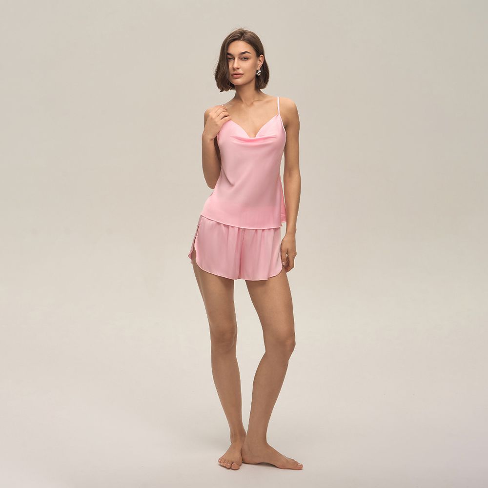 22 Momme Sexy Open-Back Silk Cowl Neck Camisole Set for Women